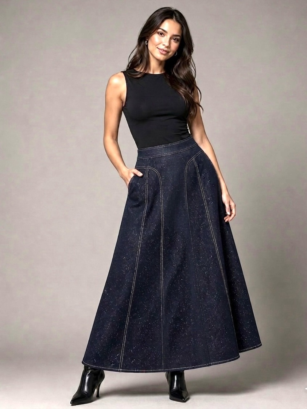 ODELIAH Elegant long Denim Black A-Line maxi Skirt with a subtle glitter shimmer